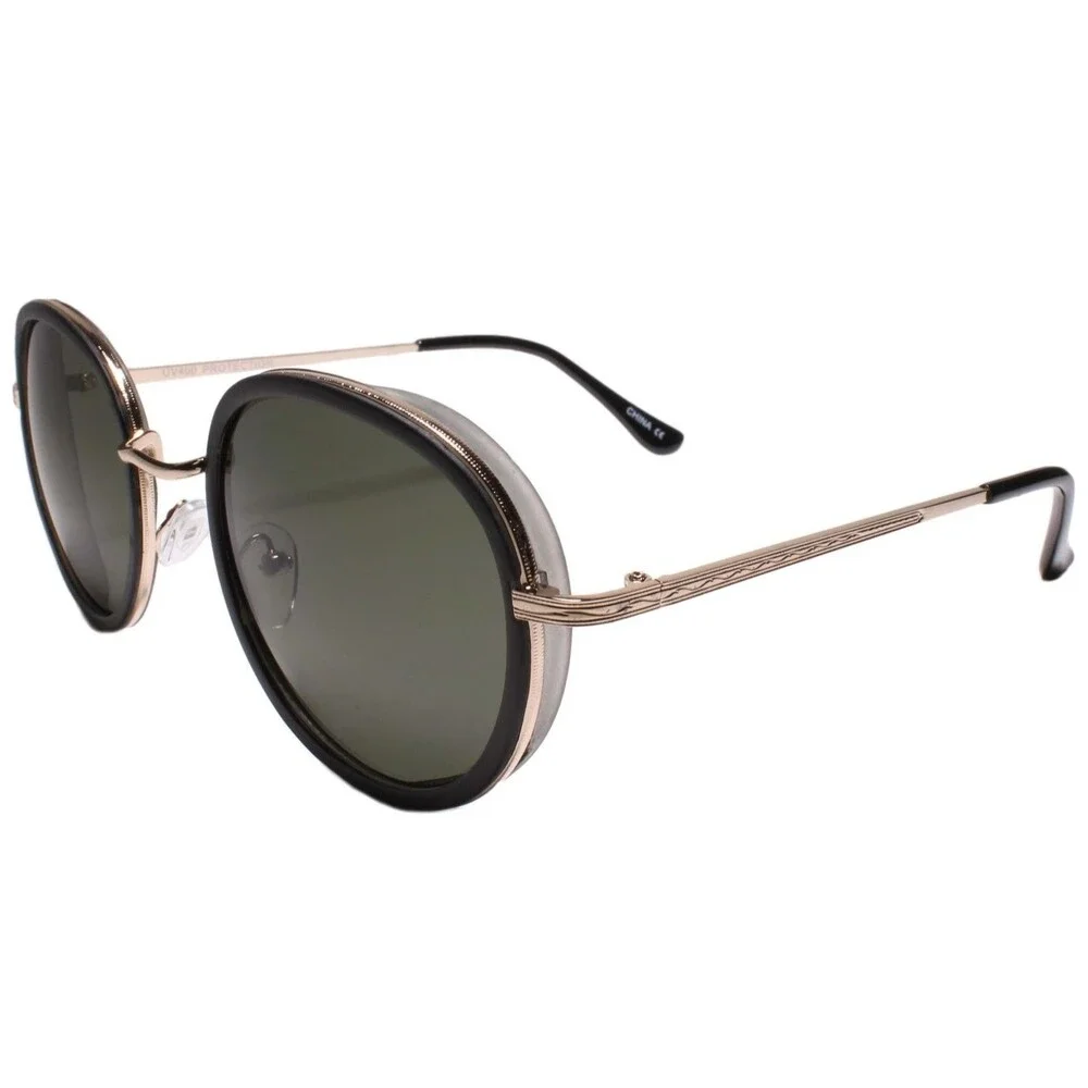 Indie Dapper 90s Retro Vintage Look Round Matte Black & Gold Frame Sunglasses